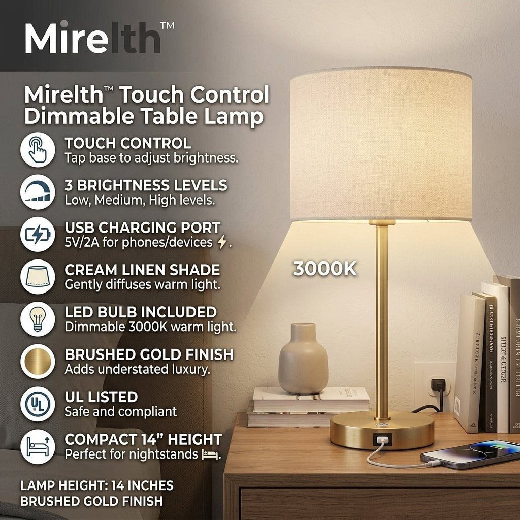 Mirelth™ Touch Control Dimmable Table Lamp with Built-in USB Charging Port