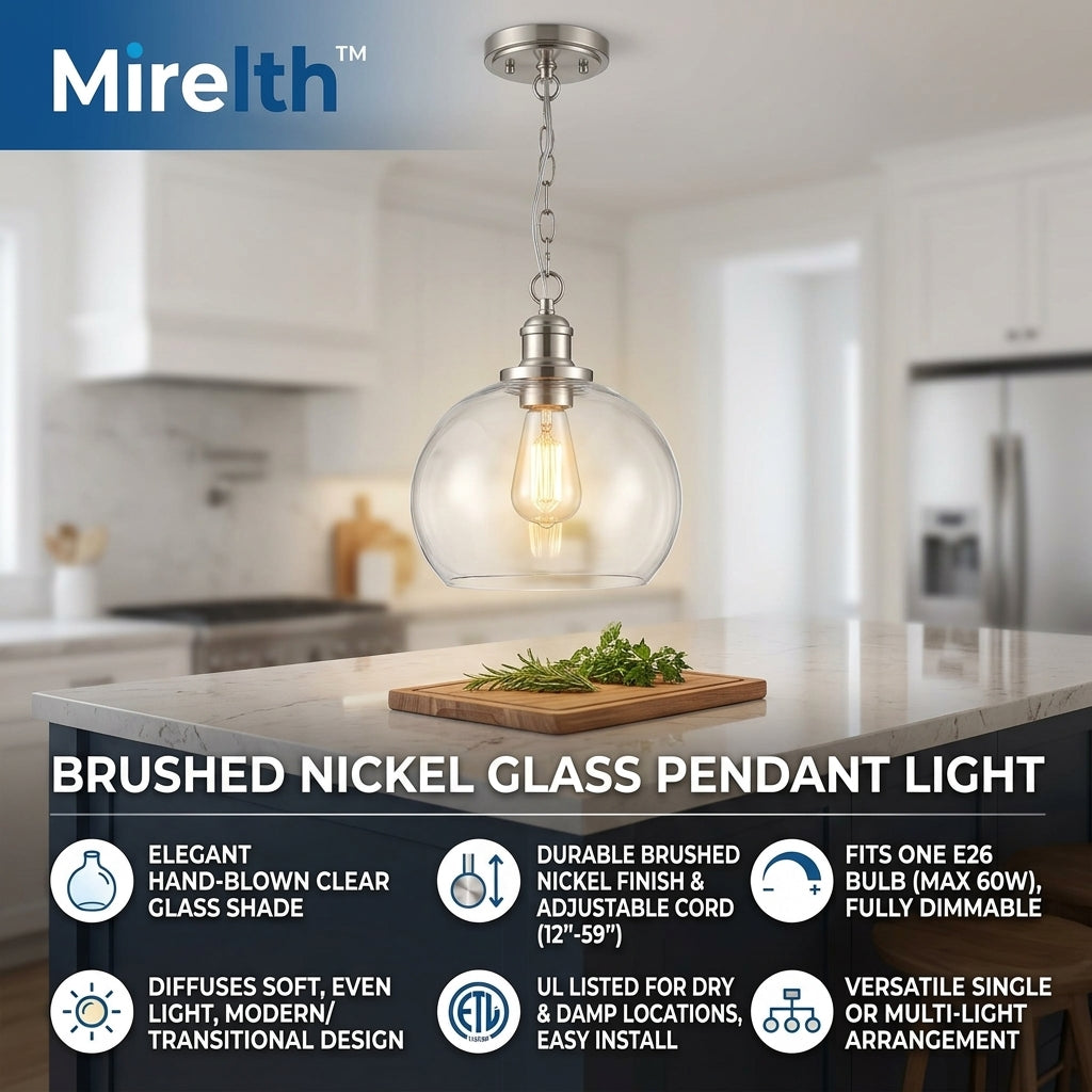 Mirelth™ Adjustable Height Glass Pendant Light with Brushed Nickel Finish