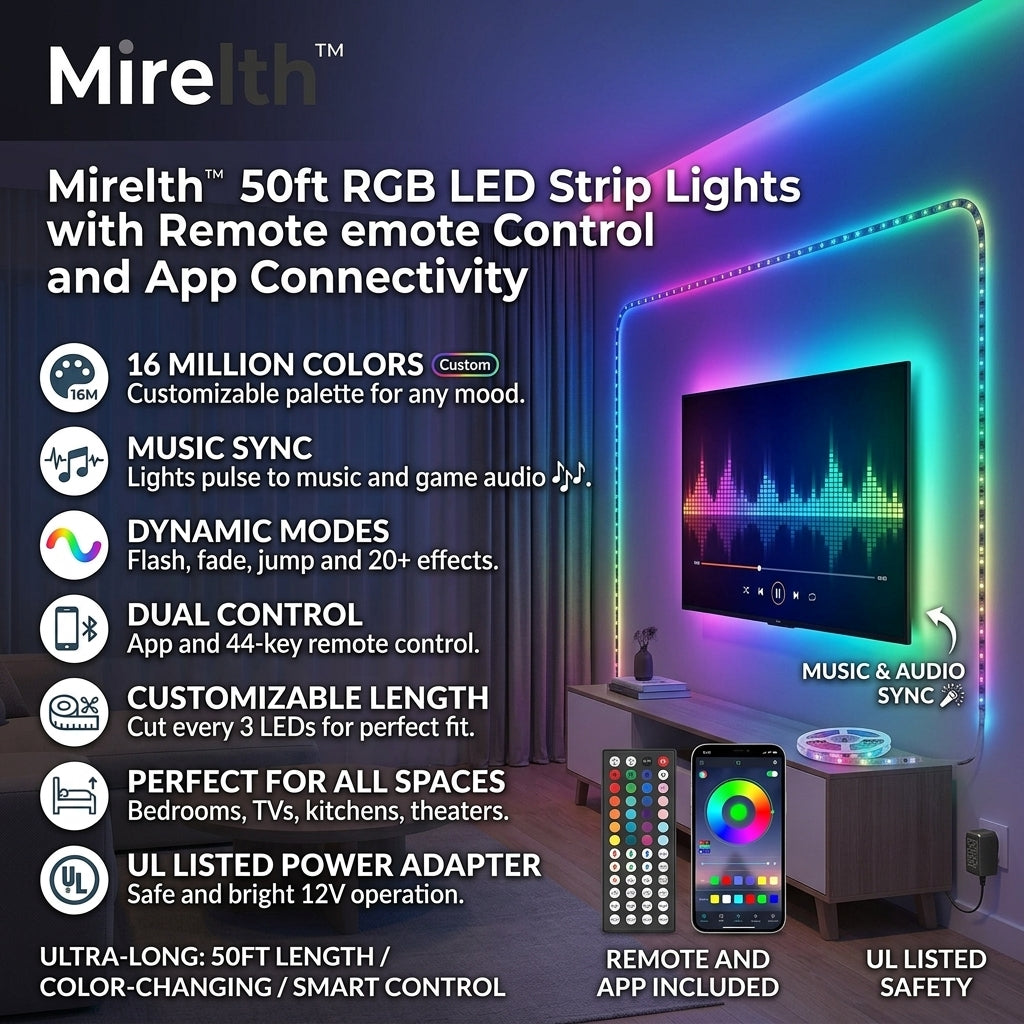 Mirelth™ 50ft RGB LED Strip Lights with Remote Control and App Connectivity